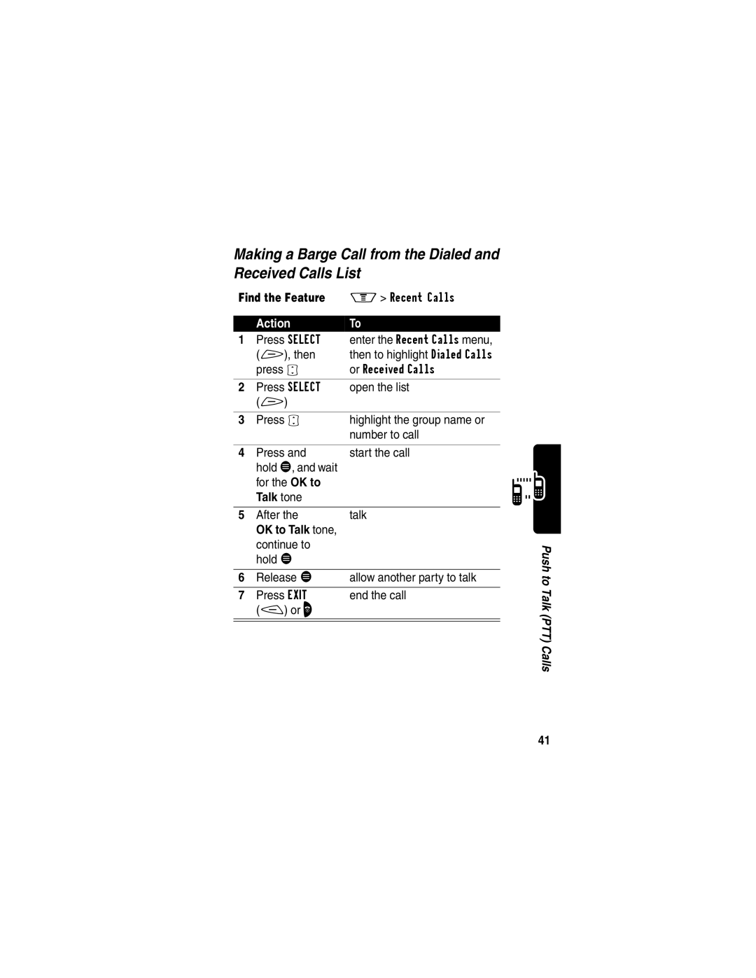 Motorola V60p manual Making a Barge Call from the Dialed and Received Calls List, Find the Feature Recent Calls 