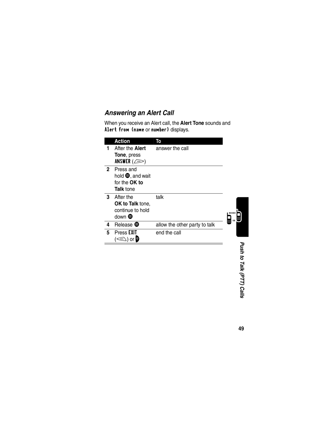 Motorola V60p manual Answering an Alert Call, After the Alert Answer the call Tone, press 