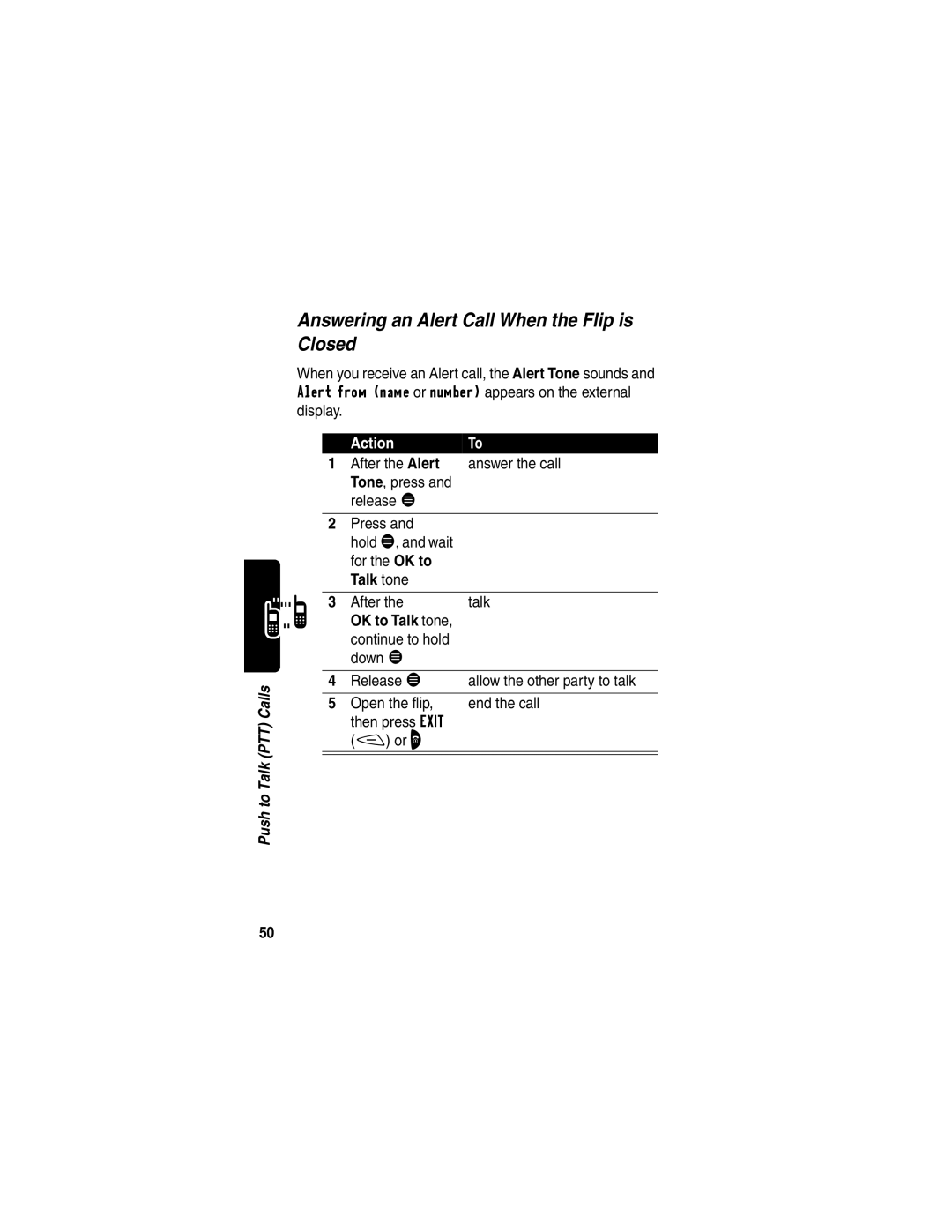 Motorola V60p manual Answering an Alert Call When the Flip is Closed 