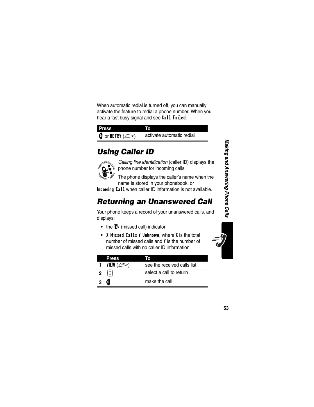 Motorola V60p manual Using Caller ID, Returning an Unanswered Call, Phone displays the caller’s name when 