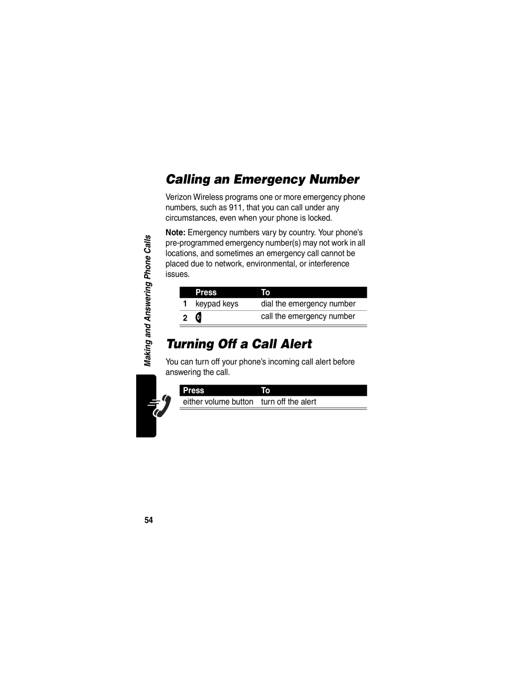 Motorola V60p Calling an Emergency Number, Turning Off a Call Alert, PressTo, Either volume button turn off the alert 