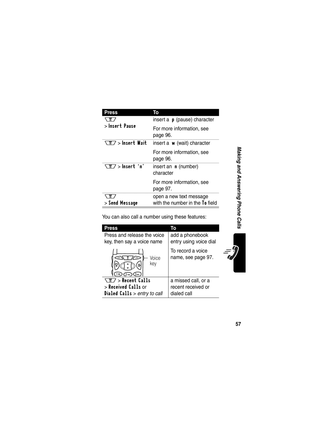 Motorola V60p manual Insert a p pause character, You can also call a number using these features, To record a voice, Voice 