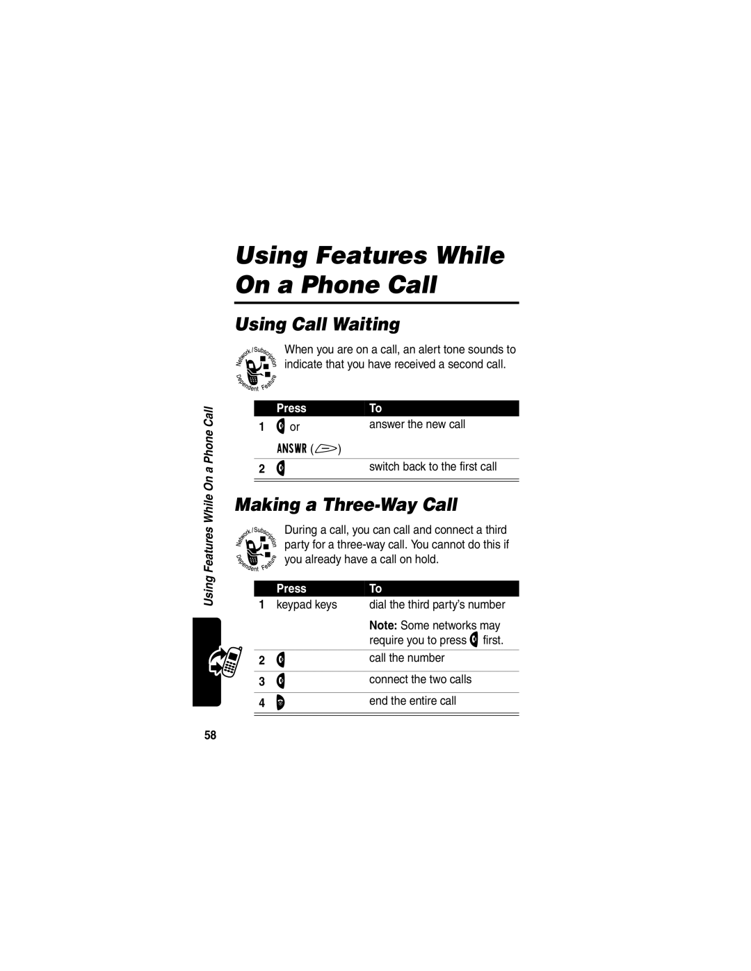 Motorola V60p manual Using Features While On a Phone Call, Using Call Waiting, Making a Three-Way Call 