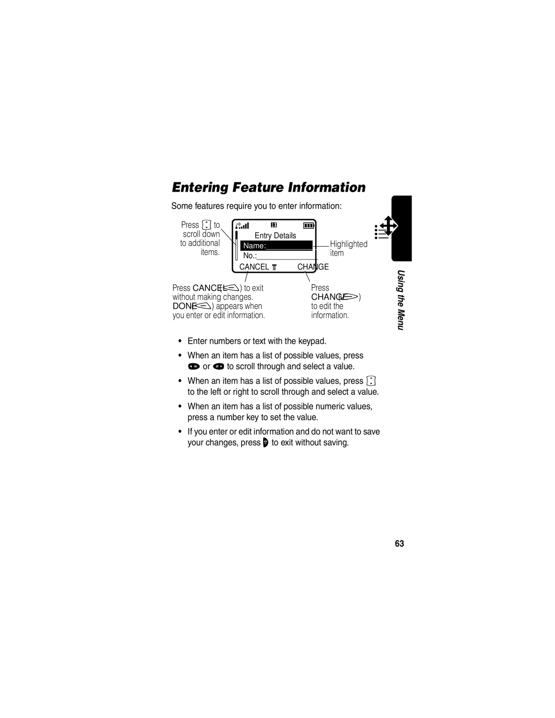 Motorola V60p manual Entering Feature Information, Some features require you to enter information Press Sto, Items 