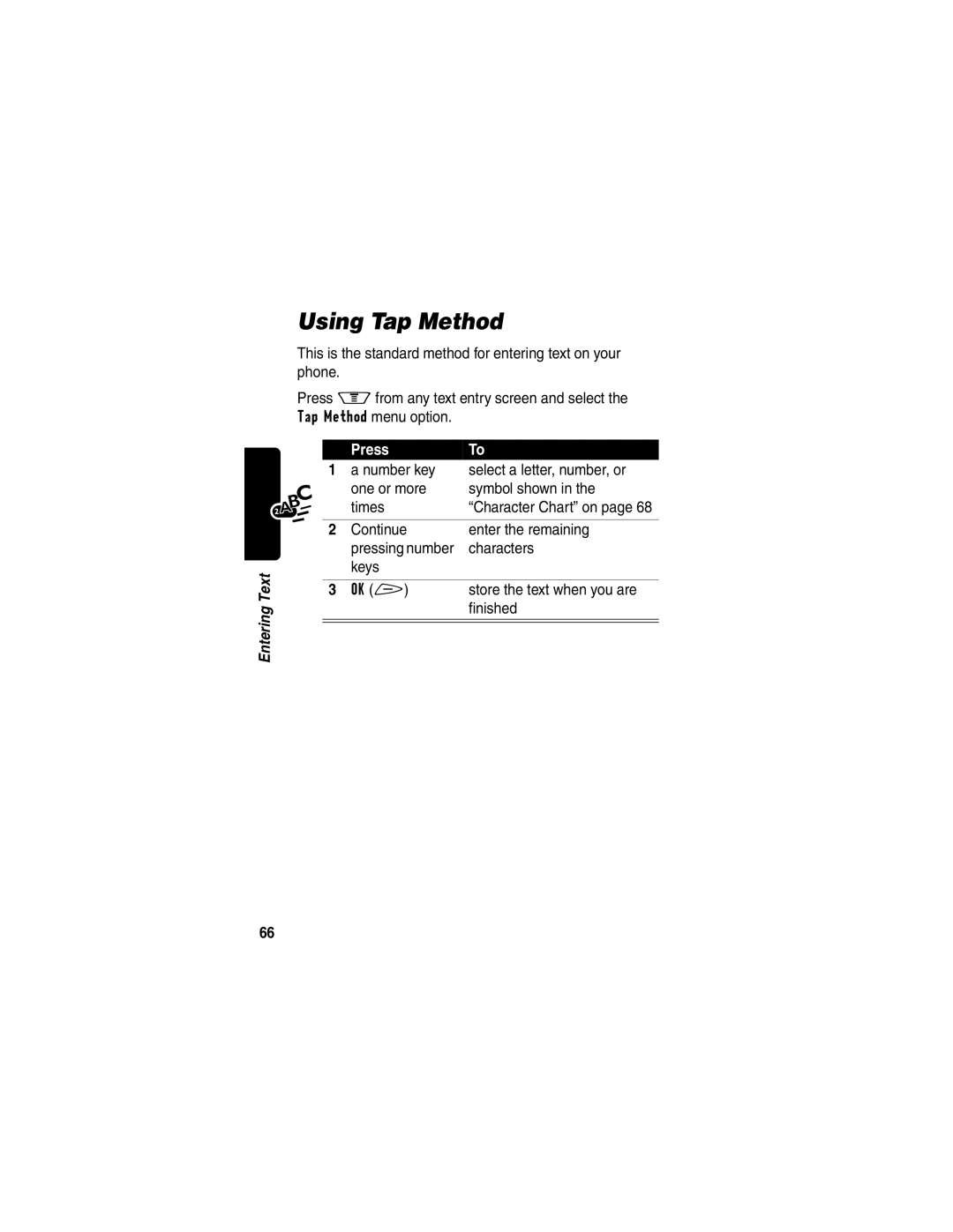 Motorola V60p manual Using Tap Method, Press 