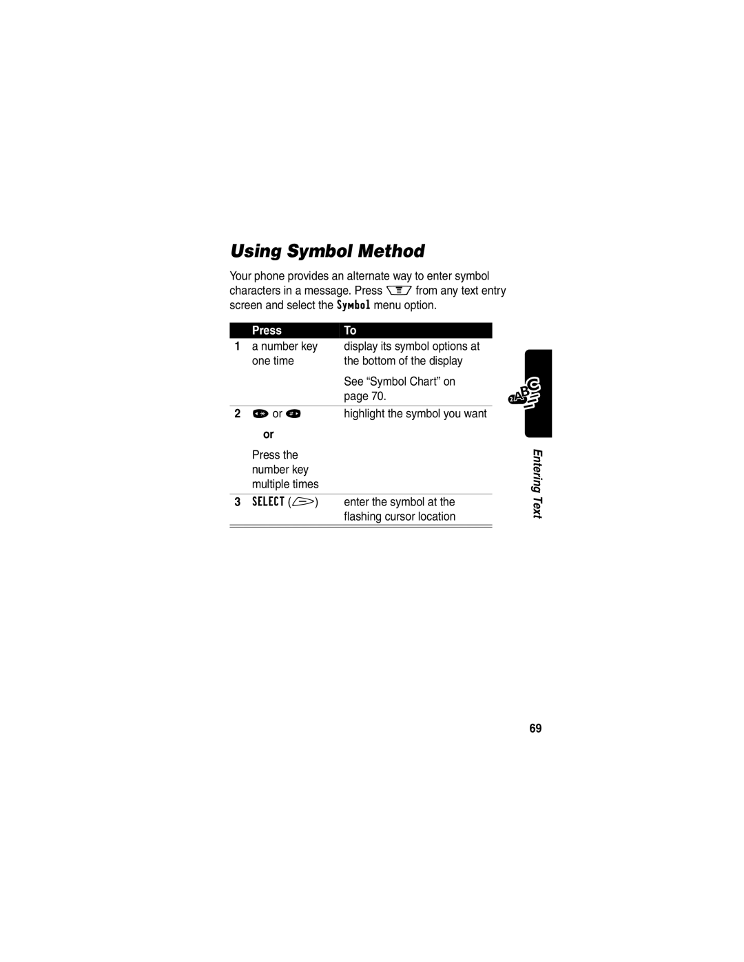 Motorola V60p manual Using Symbol Method, Number key, One time Bottom of the display See Symbol Chart on 