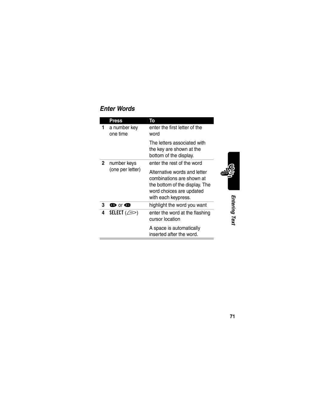 Motorola V60p Enter Words, Word choices are updated, With each keypress, Highlight the word you want, Cursor location 