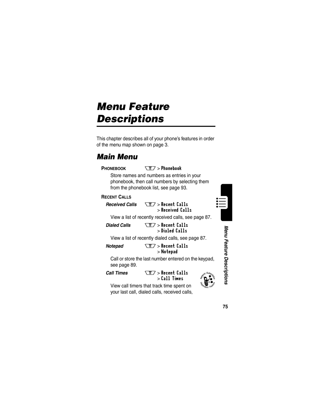 Motorola V60p manual Menu Feature Descriptions, Phonebook 