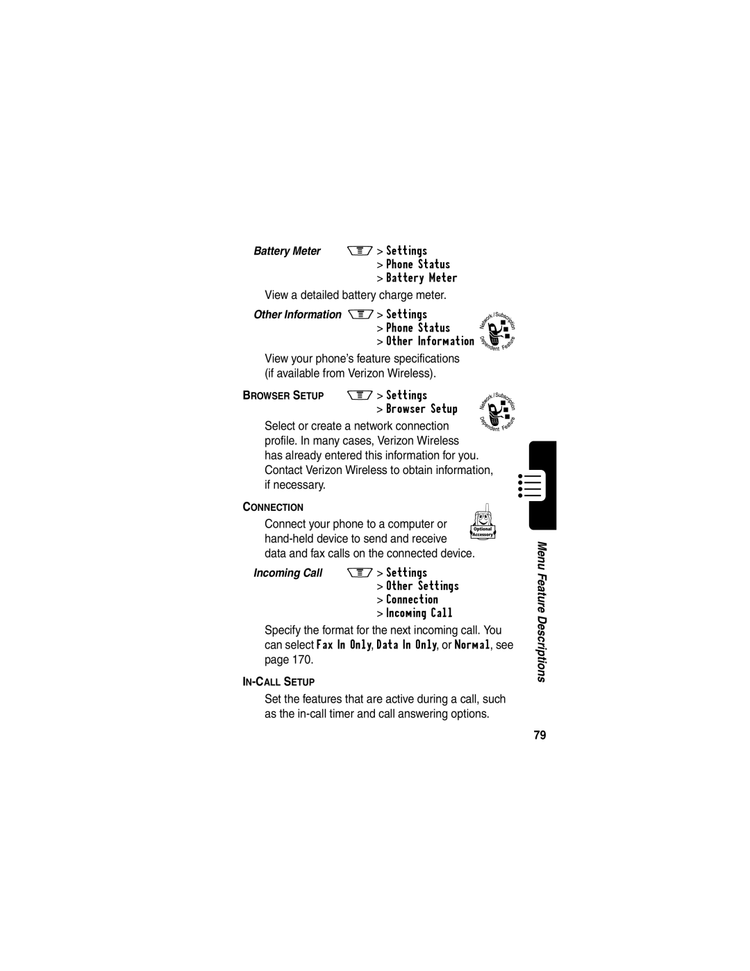 Motorola V60p manual View a detailed battery charge meter, Other Information M Settings 