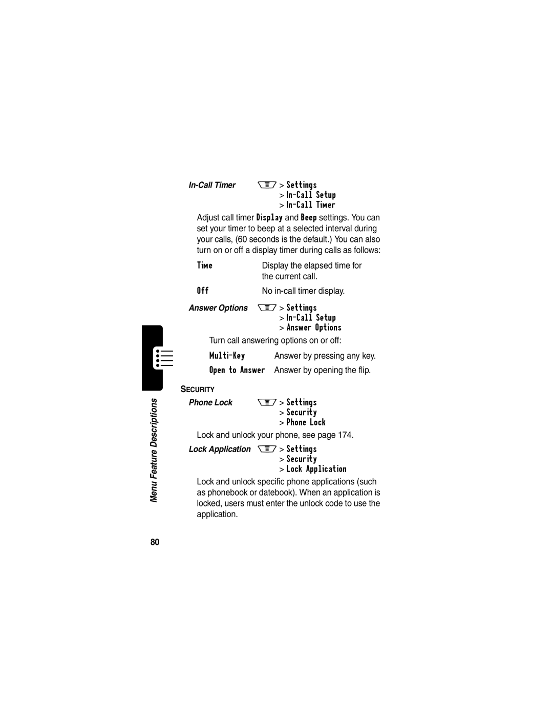 Motorola V60p Current call, Turn call answering options on or off Multi-Key, Open to Answer Answer by opening the flip 