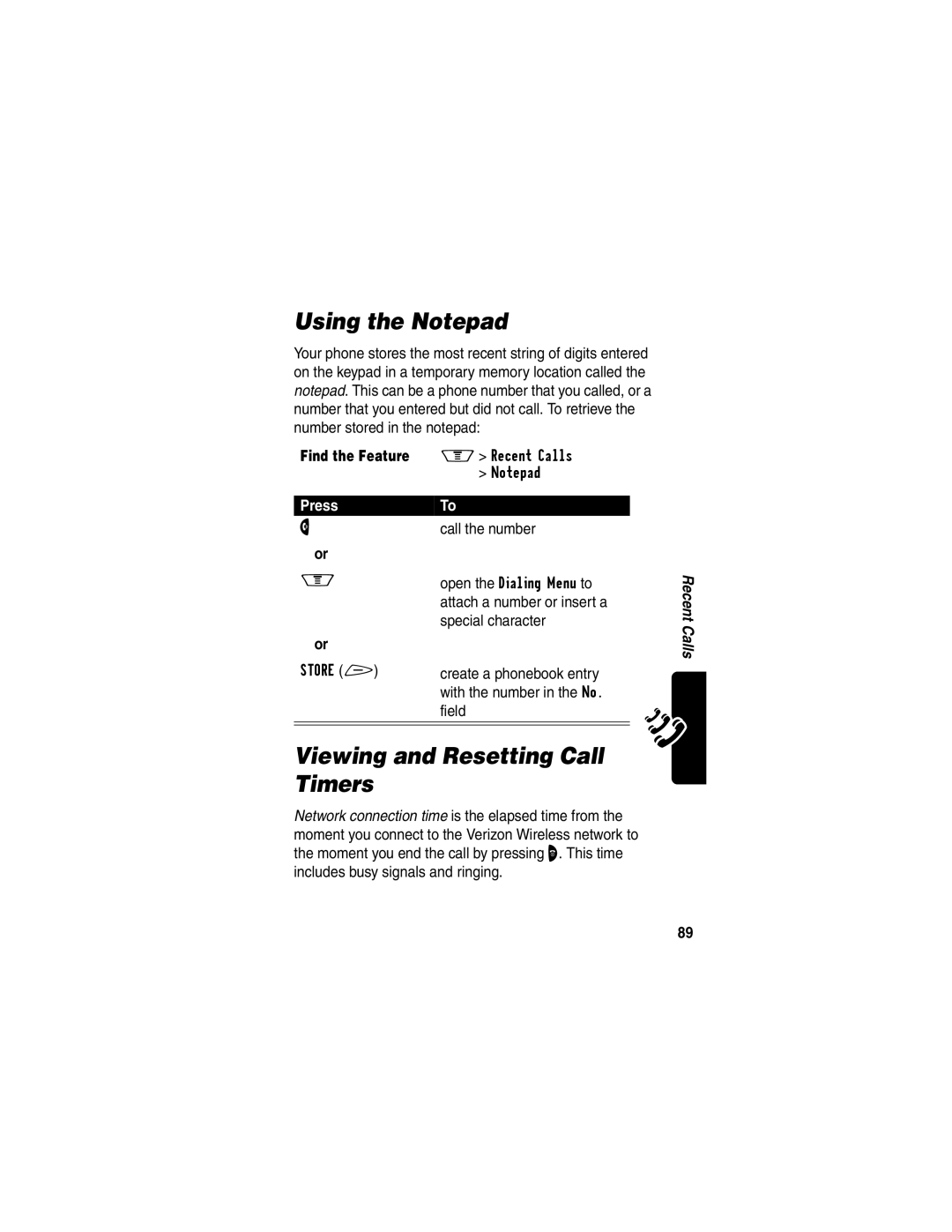 Motorola V60p manual Using the Notepad, Viewing and Resetting Call Timers 