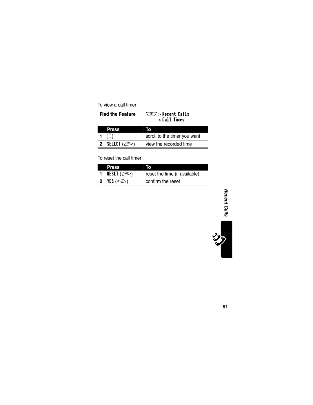 Motorola V60p To view a call timer, Scroll to the timer you want, View the recorded time, Reset the time if available 