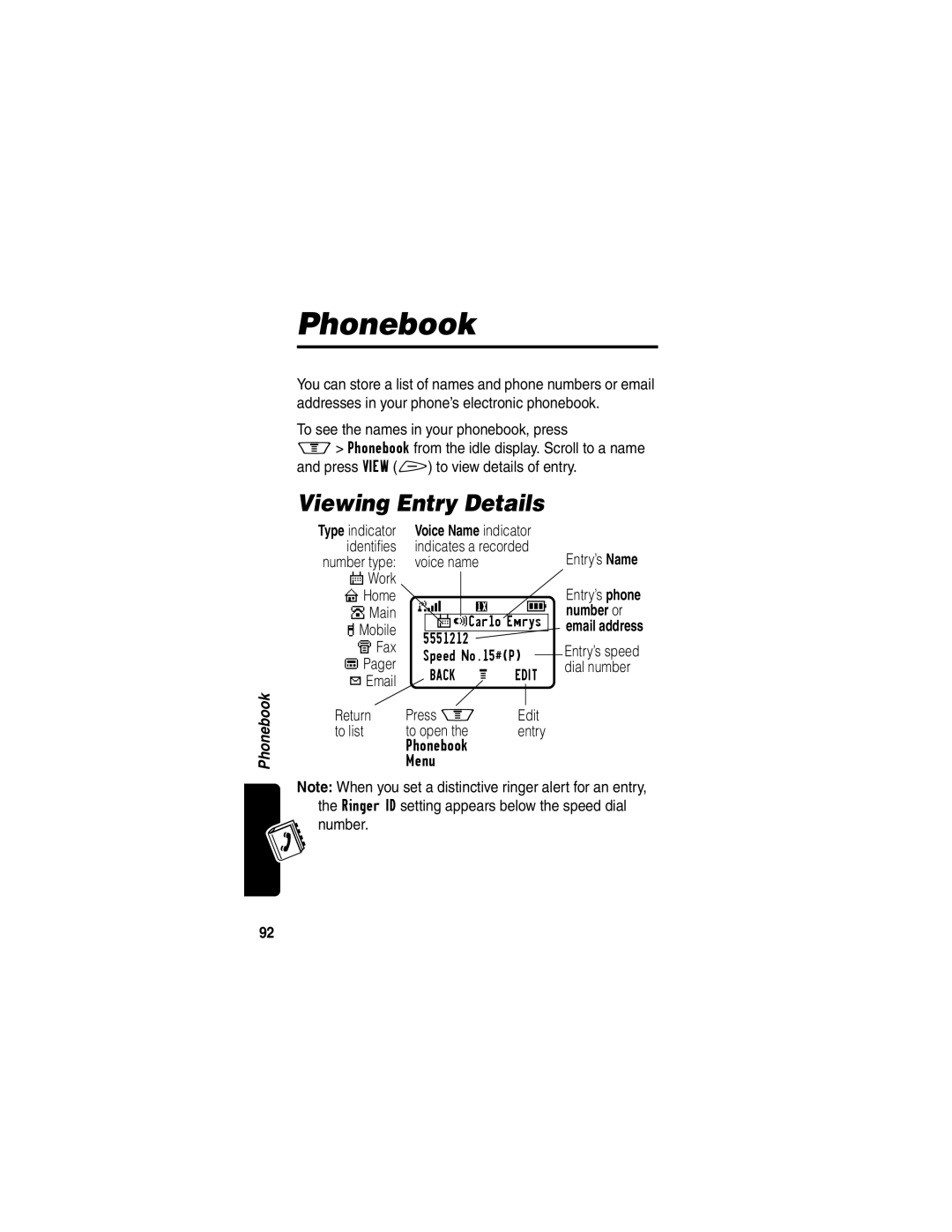 Motorola V60p manual Phonebook, Viewing Entry Details, Voice Name indicator, Number or 