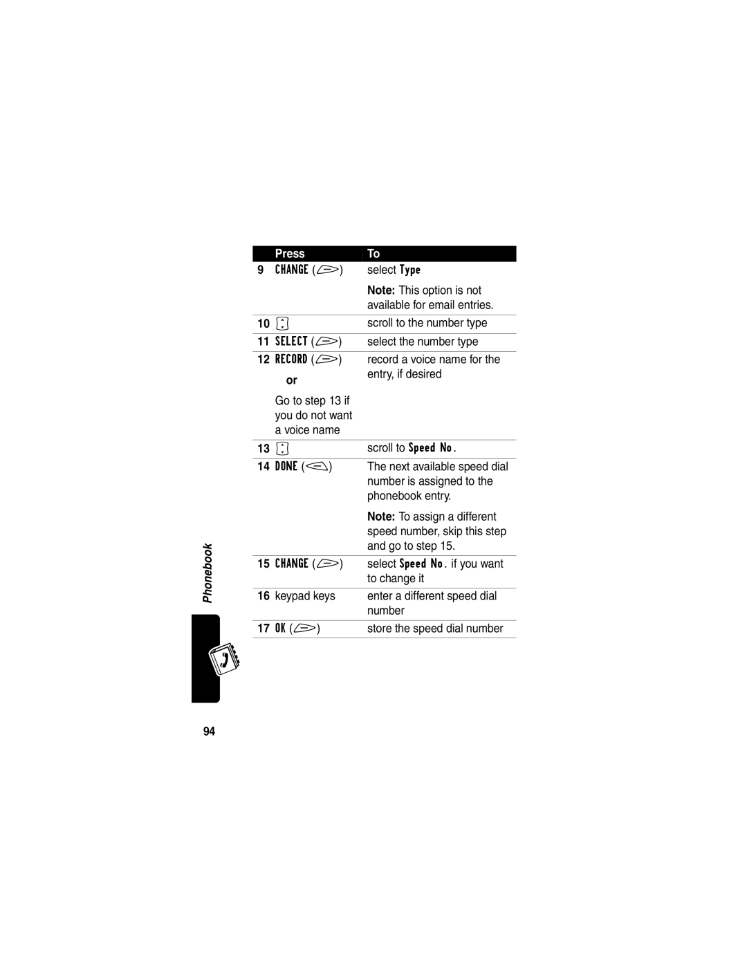 Motorola V60p Select Type, Available for email entries, Scroll to the number type, Select the number type, Phonebook entry 