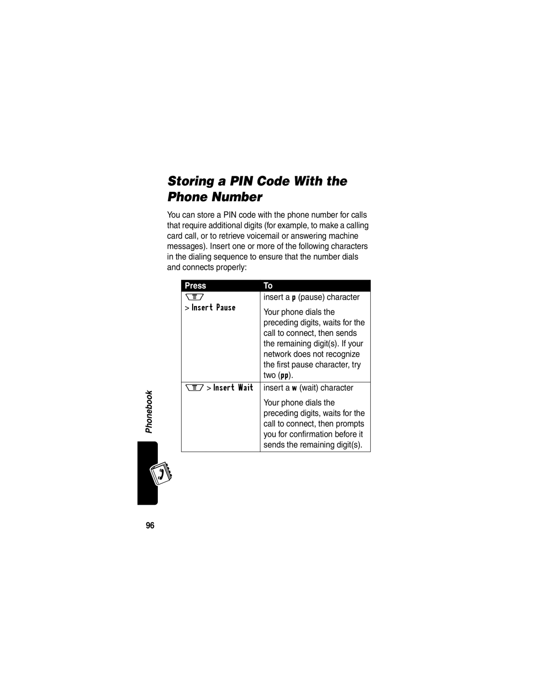 Motorola V60p manual Storing a PIN Code With the Phone Number 