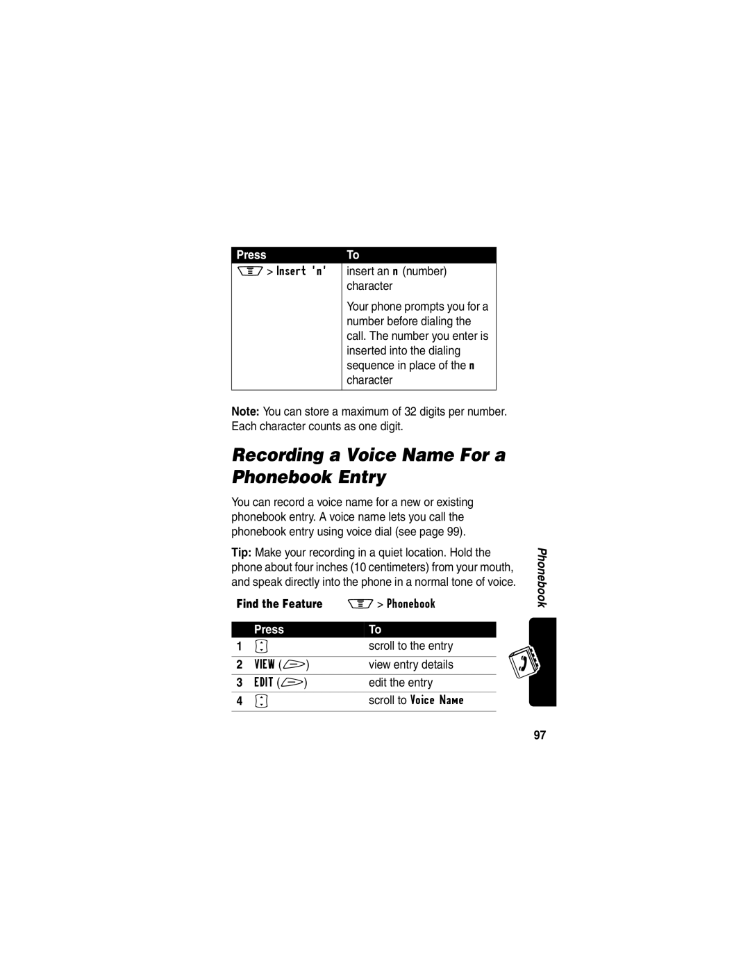 Motorola V60p manual Recording a Voice Name For a Phonebook Entry, Number before dialing, Inserted into the dialing 