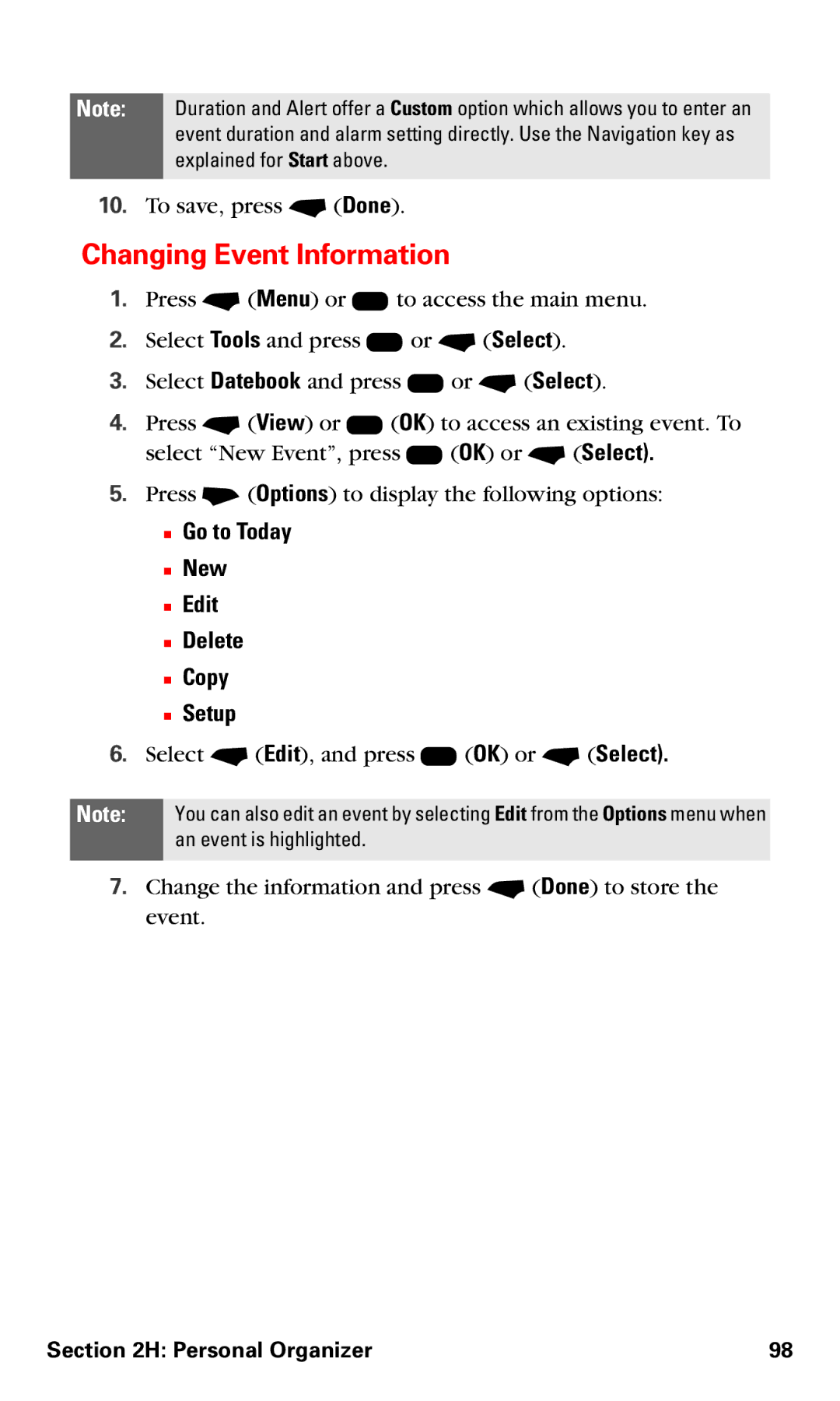 Motorola V60v manual Changing Event Information, Go to Today New Edit Delete Copy Setup 