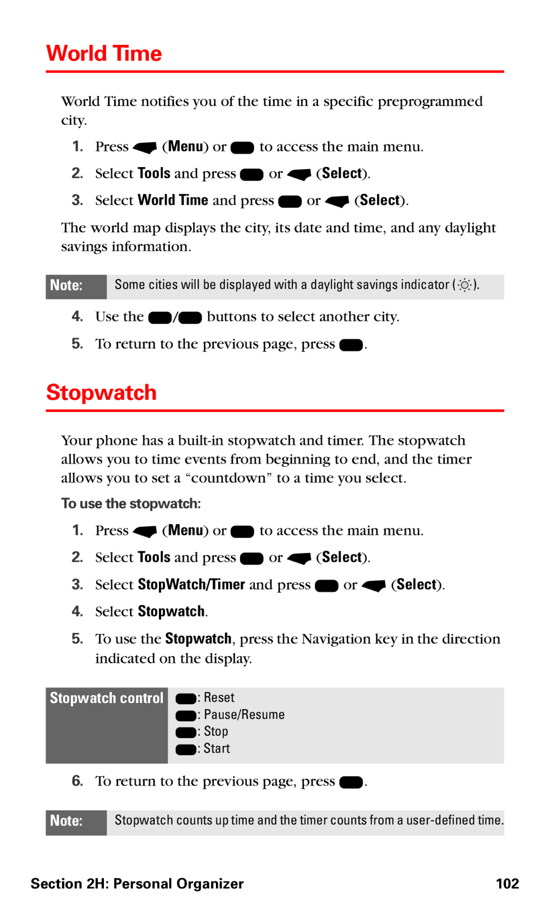 Motorola V60v manual World Time, Select Stopwatch, Personal Organizer 102 