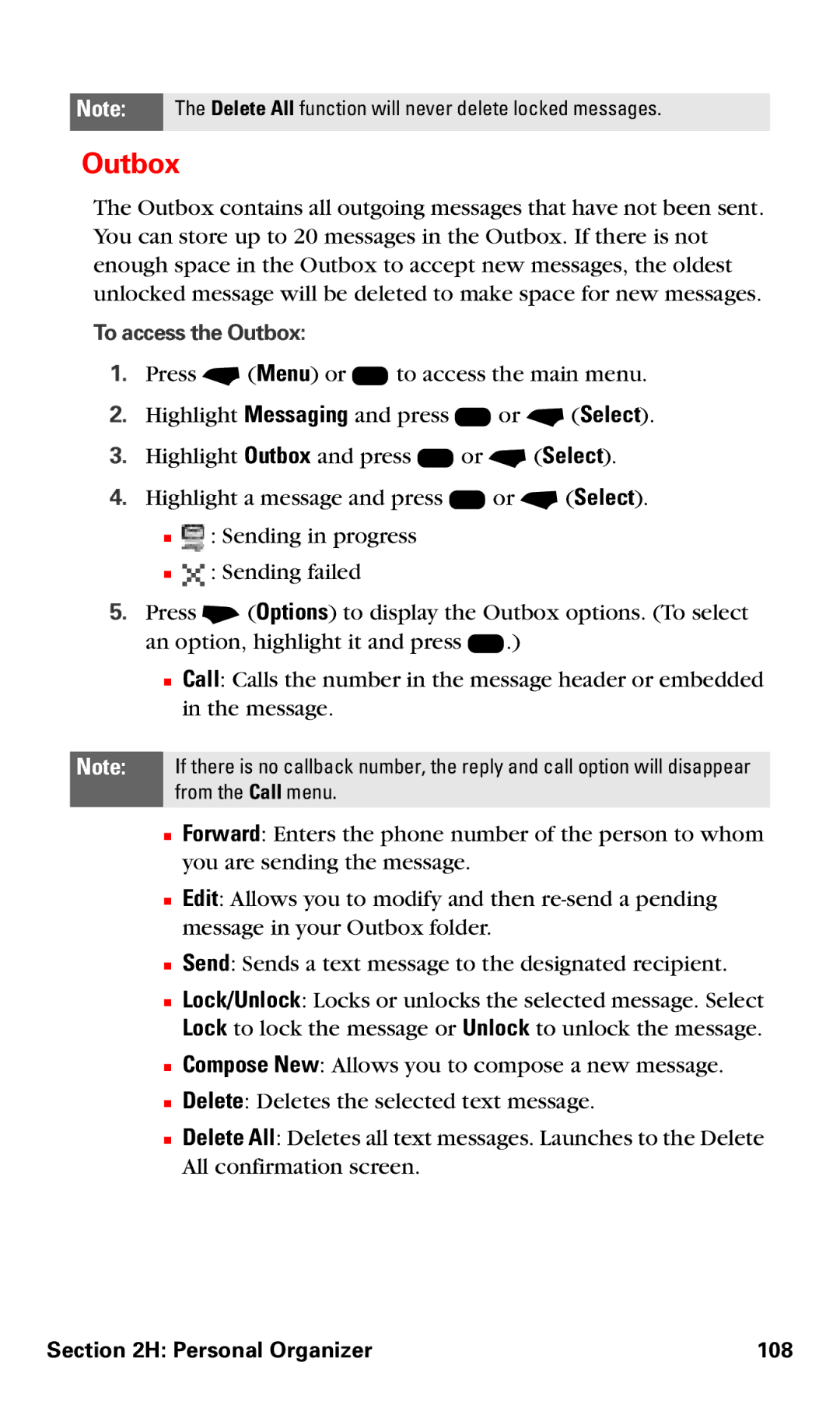 Motorola V60v manual Outbox, Personal Organizer 108 