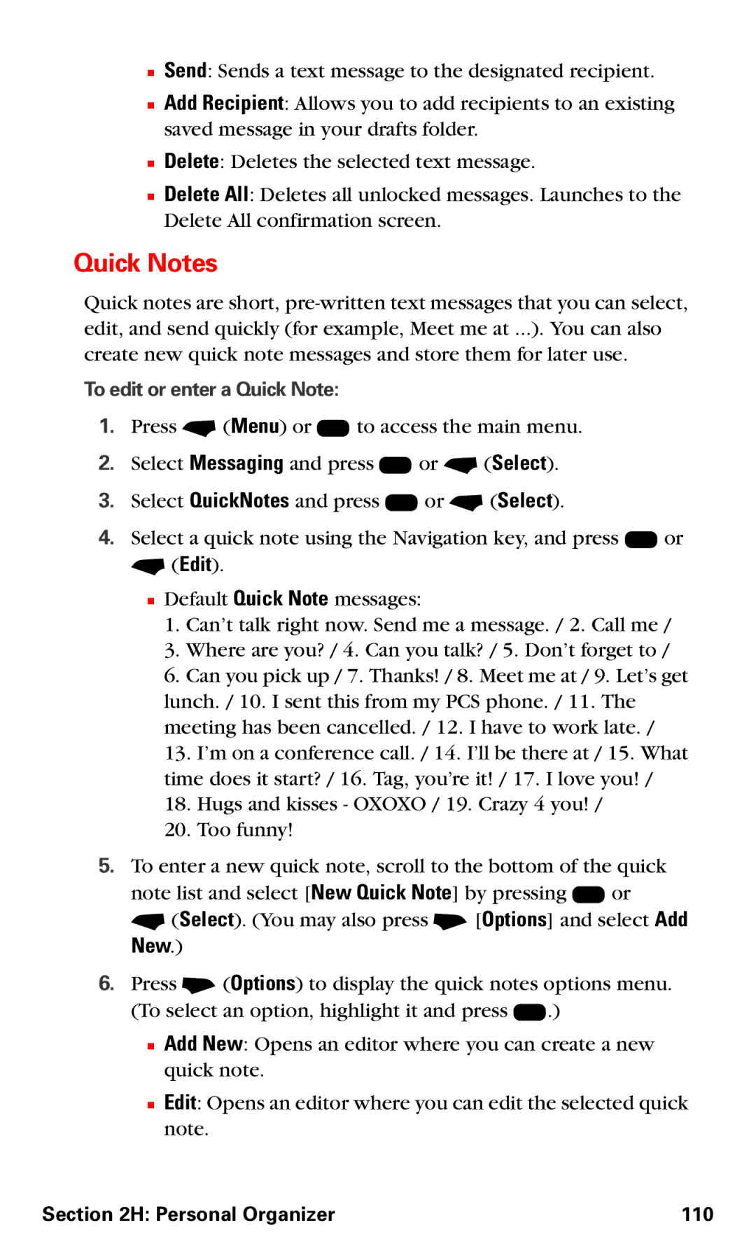 Motorola V60v manual Quick Notes, Personal Organizer 110 