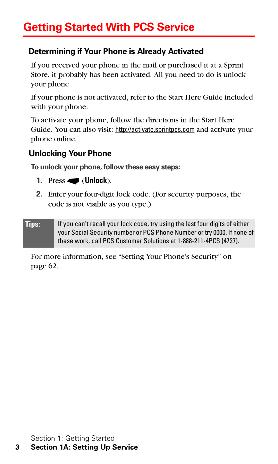 Motorola V60v manual Getting Started With PCS Service, Determining if Your Phone is Already Activated, Unlocking Your Phone 