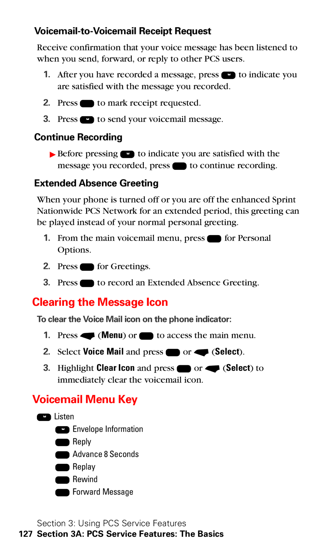 Motorola V60v Clearing the Message Icon, Voicemail Menu Key, Voicemail-to-Voicemail Receipt Request, Continue Recording 