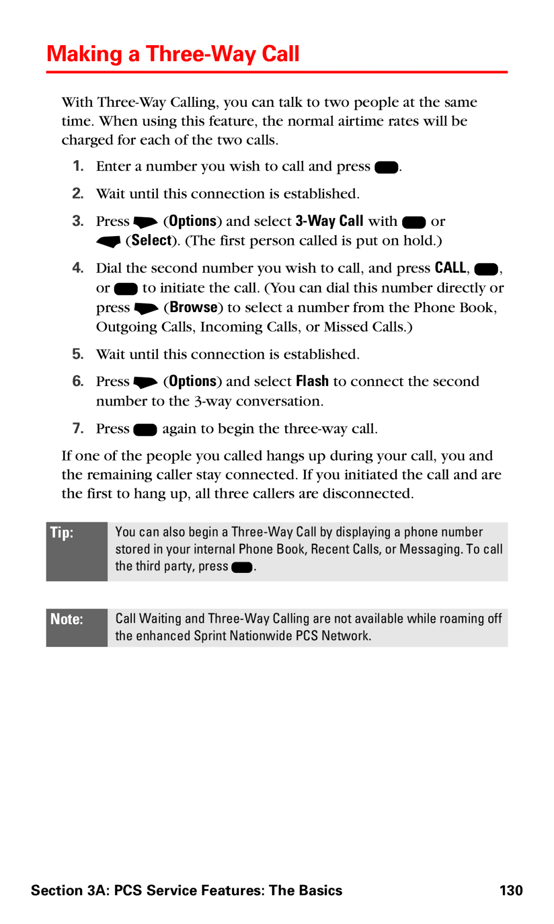 Motorola V60v manual Making a Three-Way Call, PCS Service Features The Basics 130 