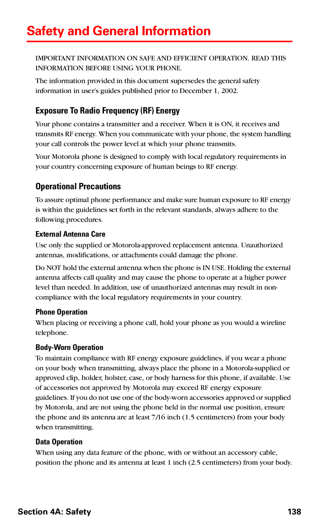 Motorola V60v manual Safety and General Information, Exposure To Radio Frequency RF Energy, Operational Precautions 