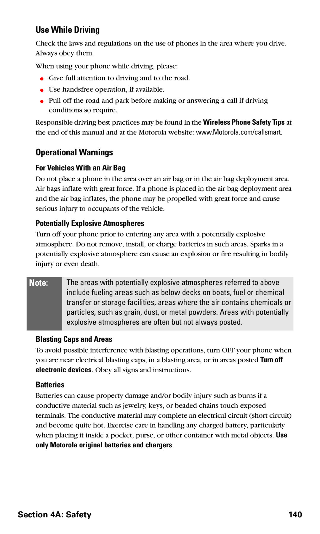 Motorola V60v manual Use While Driving, Operational Warnings 