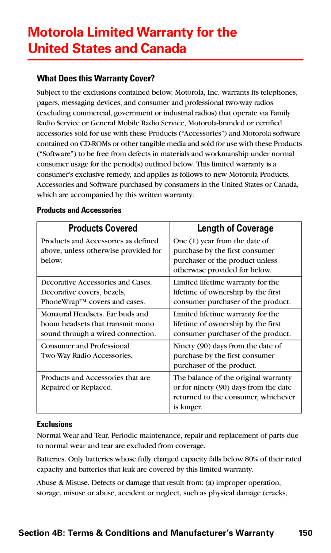 Motorola V60v manual Motorola Limited Warranty for the United States and Canada, Products Covered Length of Coverage 