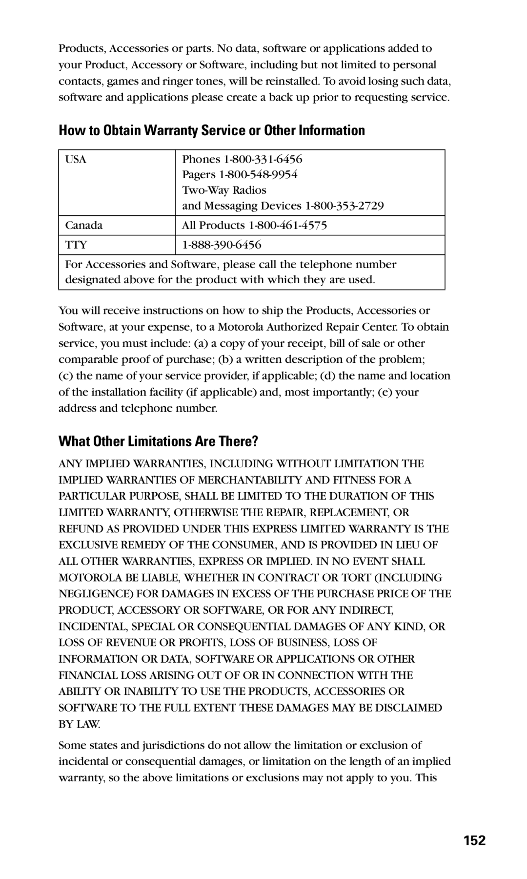 Motorola V60v manual How to Obtain Warranty Service or Other Information, What Other Limitations Are There?, 152 