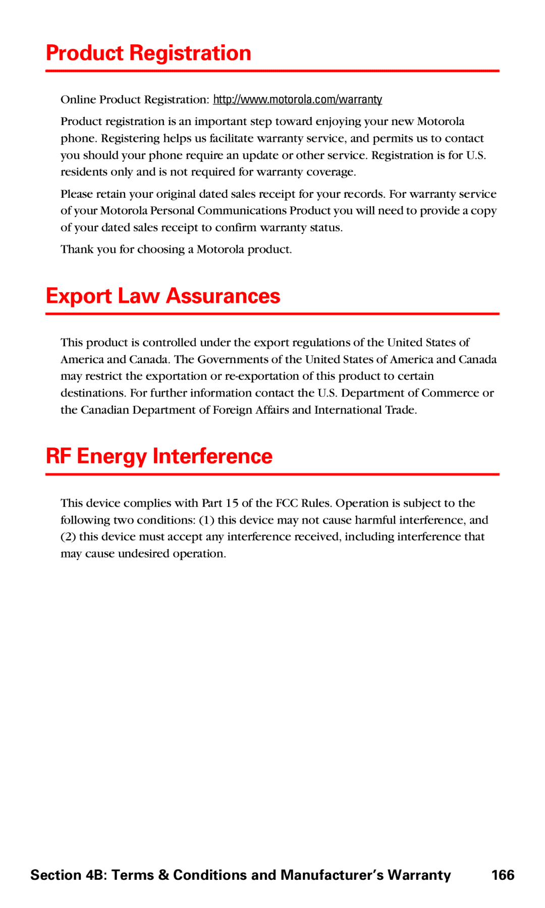 Motorola V60v manual Product Registration, Export Law Assurances, RF Energy Interference 