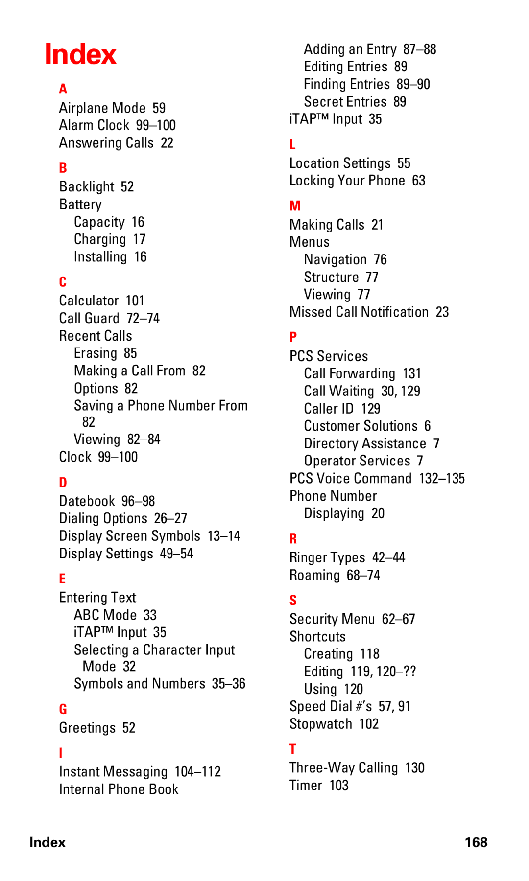 Motorola V60v manual Index 168 