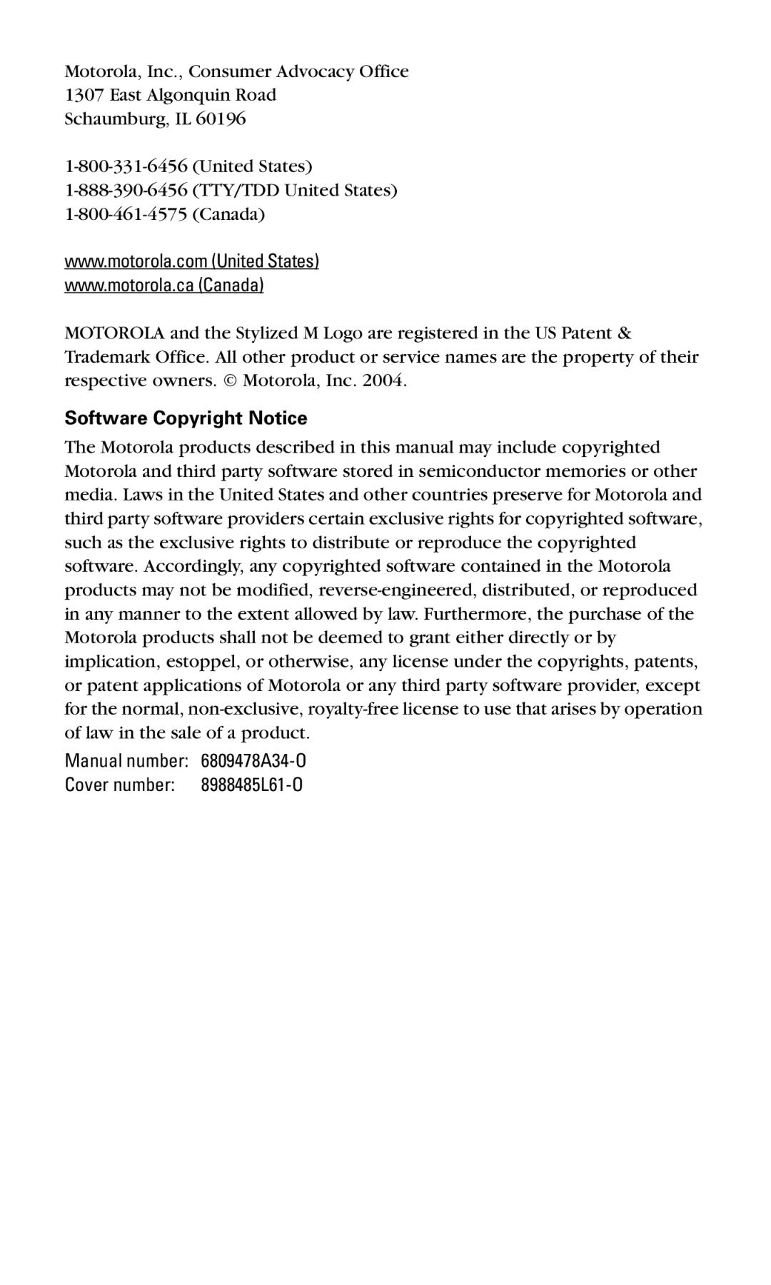 Motorola V60v manual Software Copyright Notice 