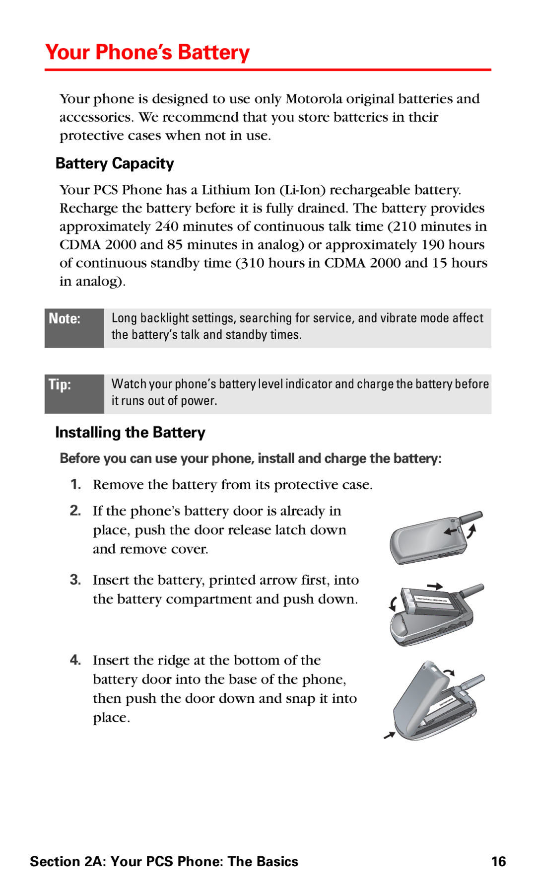 Motorola V60v manual Your Phone’s Battery, Battery Capacity, Installing the Battery 