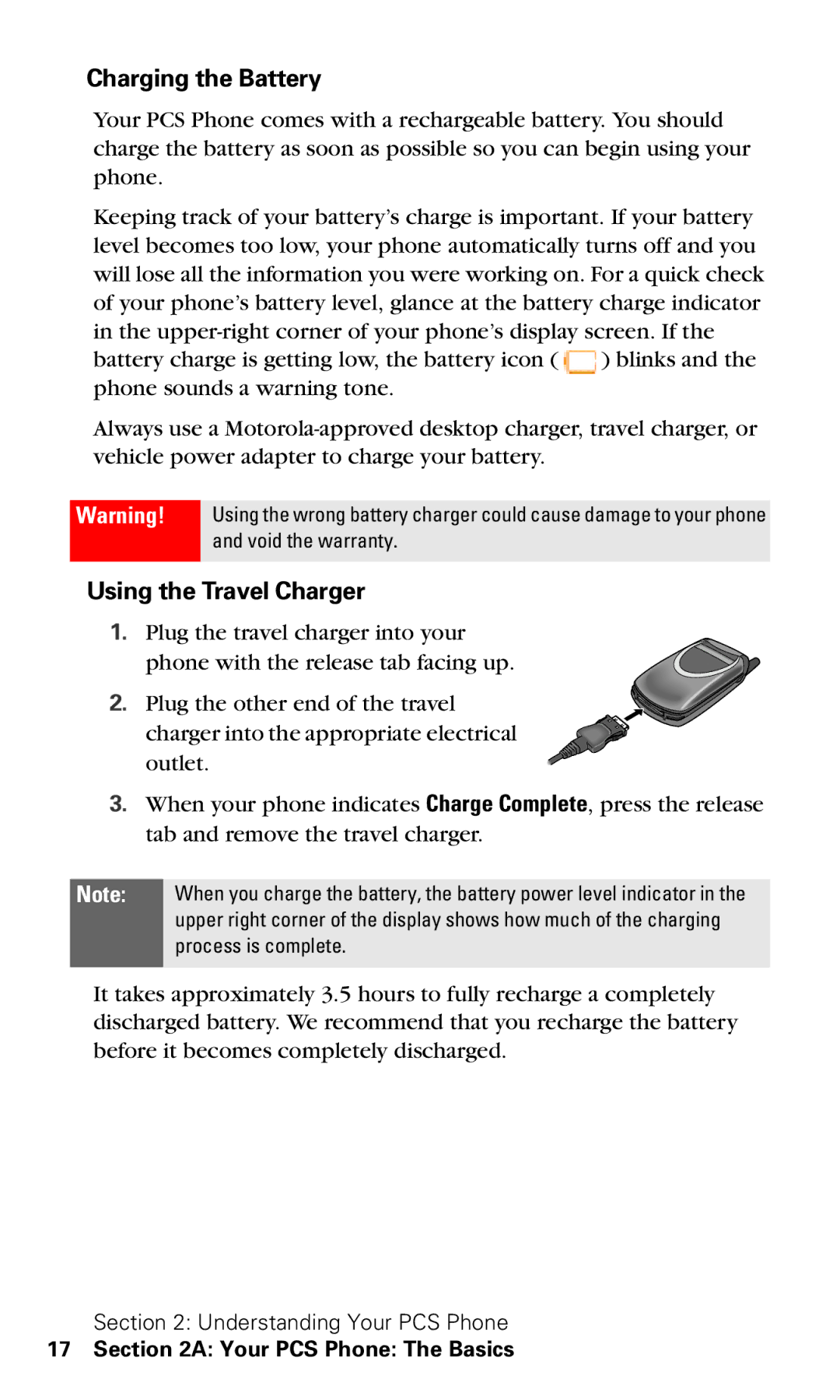 Motorola V60v manual Charging the Battery, Using the Travel Charger 