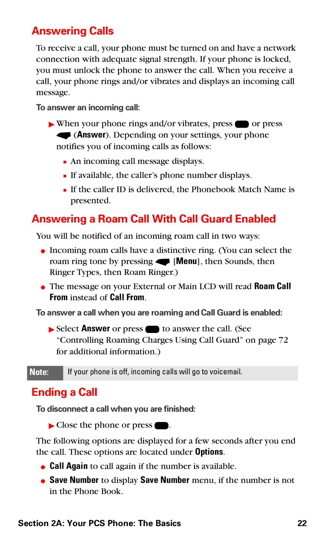 Motorola V60v manual Answering Calls, Answering a Roam Call With Call Guard Enabled, Ending a Call 