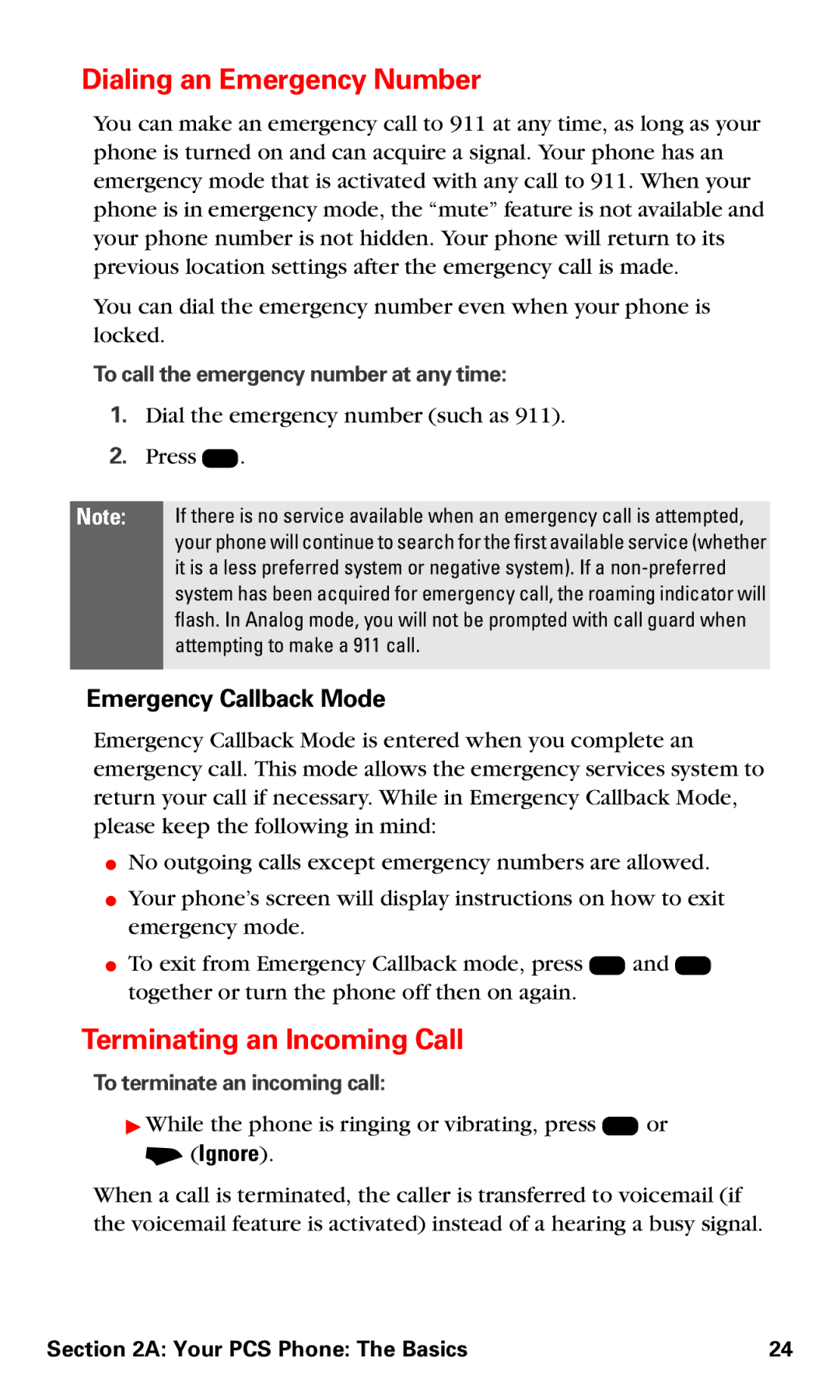 Motorola V60v manual Dialing an Emergency Number, Terminating an Incoming Call, Emergency Callback Mode, + Ignore 