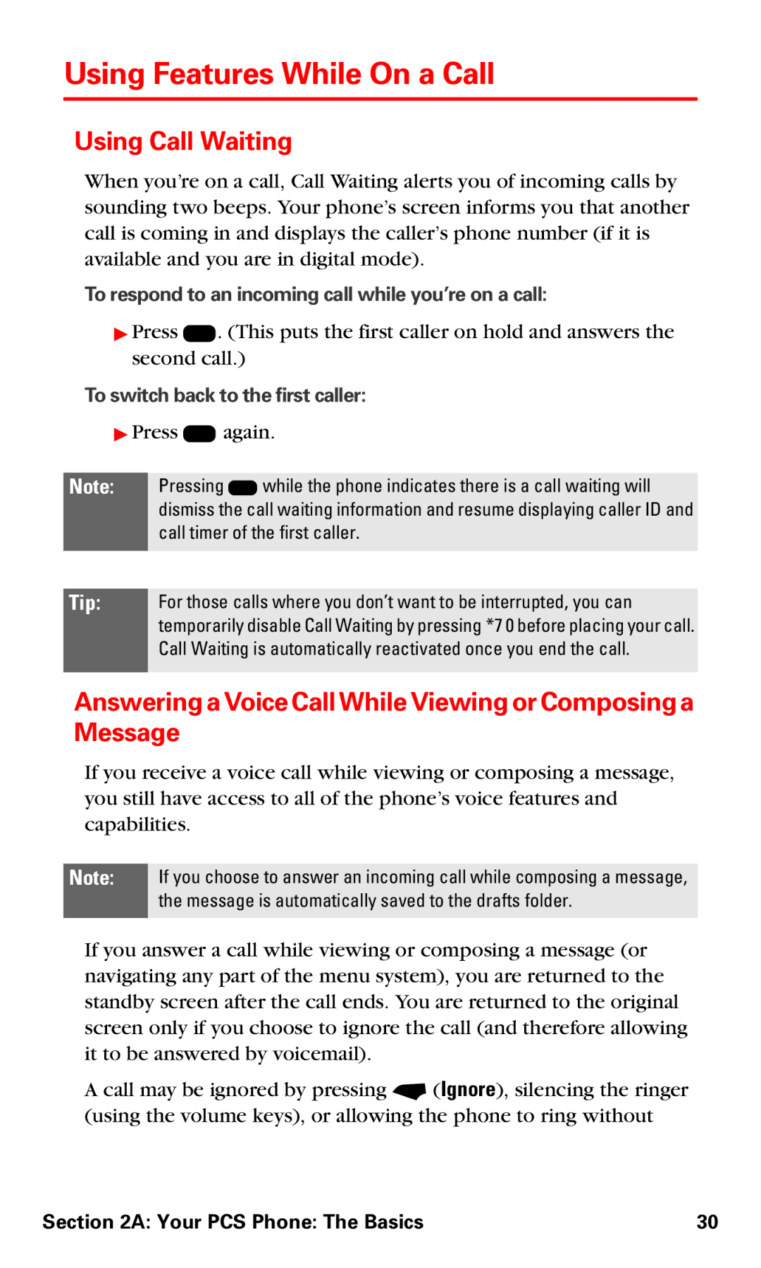 Motorola V60v manual Using Features While On a Call, Using Call Waiting 