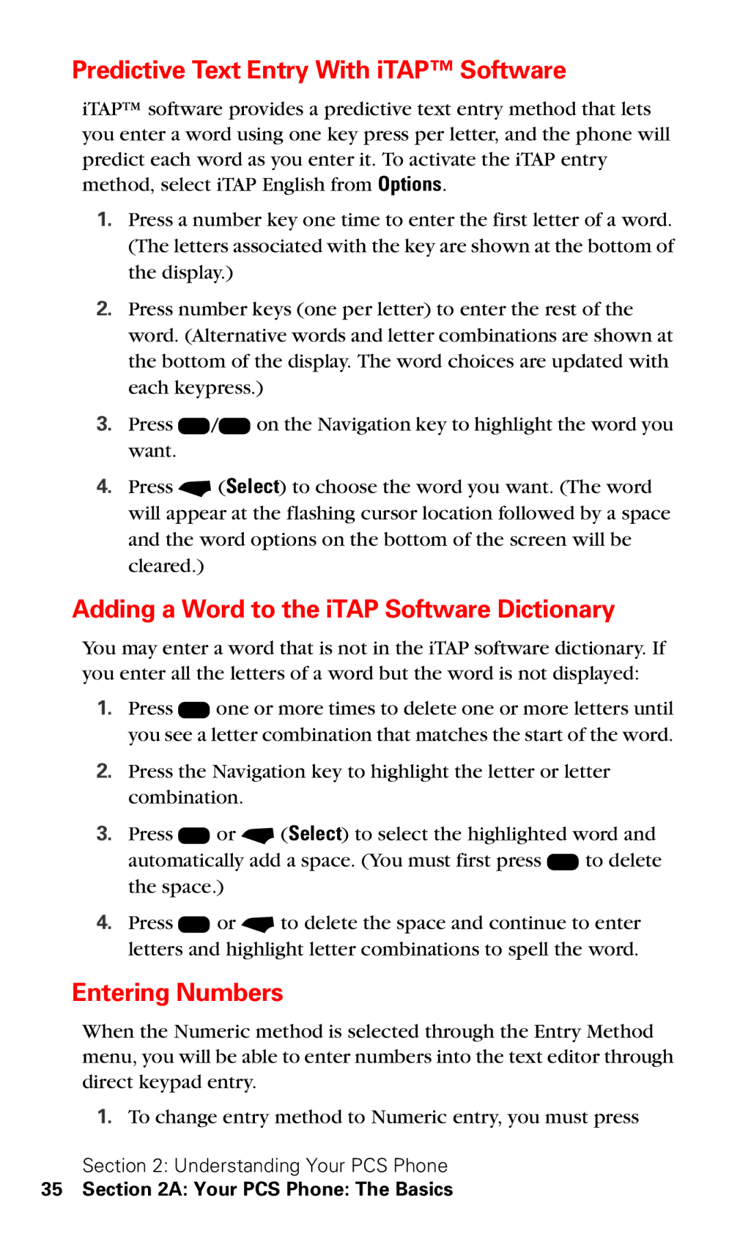 Motorola V60v Predictive Text Entry With iTAP Software, Adding a Word to the iTAP Software Dictionary, Entering Numbers 