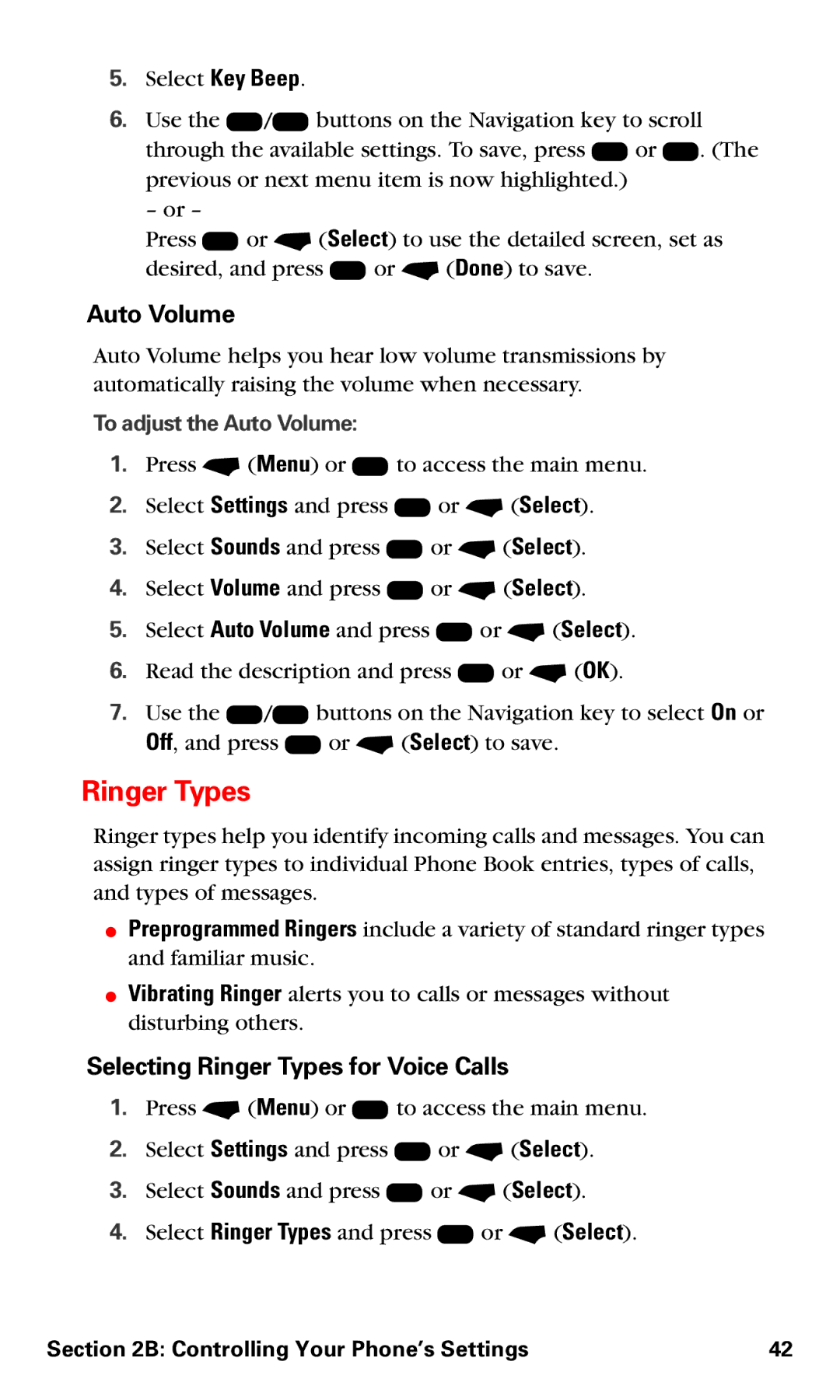 Motorola V60v manual Auto Volume, Selecting Ringer Types for Voice Calls 