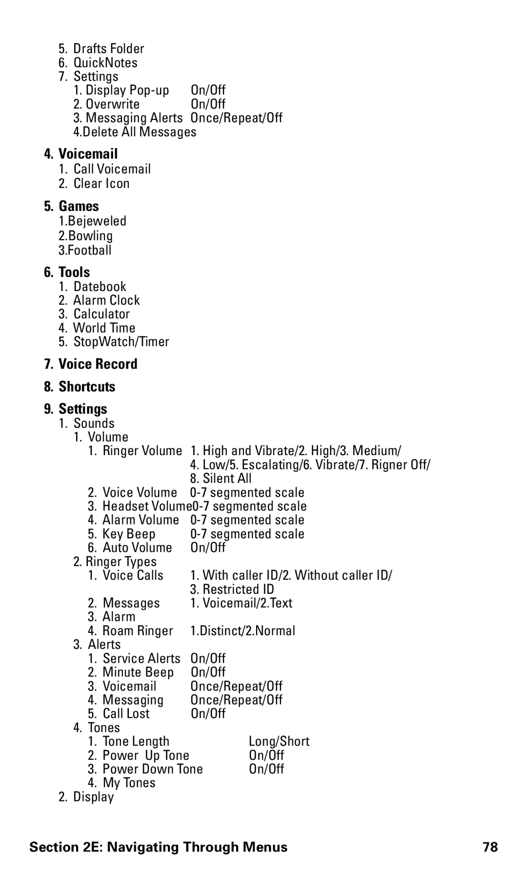 Motorola V60v manual Voicemail, Games, Tools, Voice Record Shortcuts Settings 