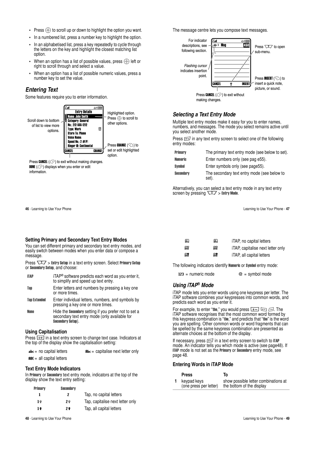 Motorola V620 manual Entering Text, Selecting a Text Entry Mode, Using iTAP Mode, Press Keypad keys, Bottom of the display 