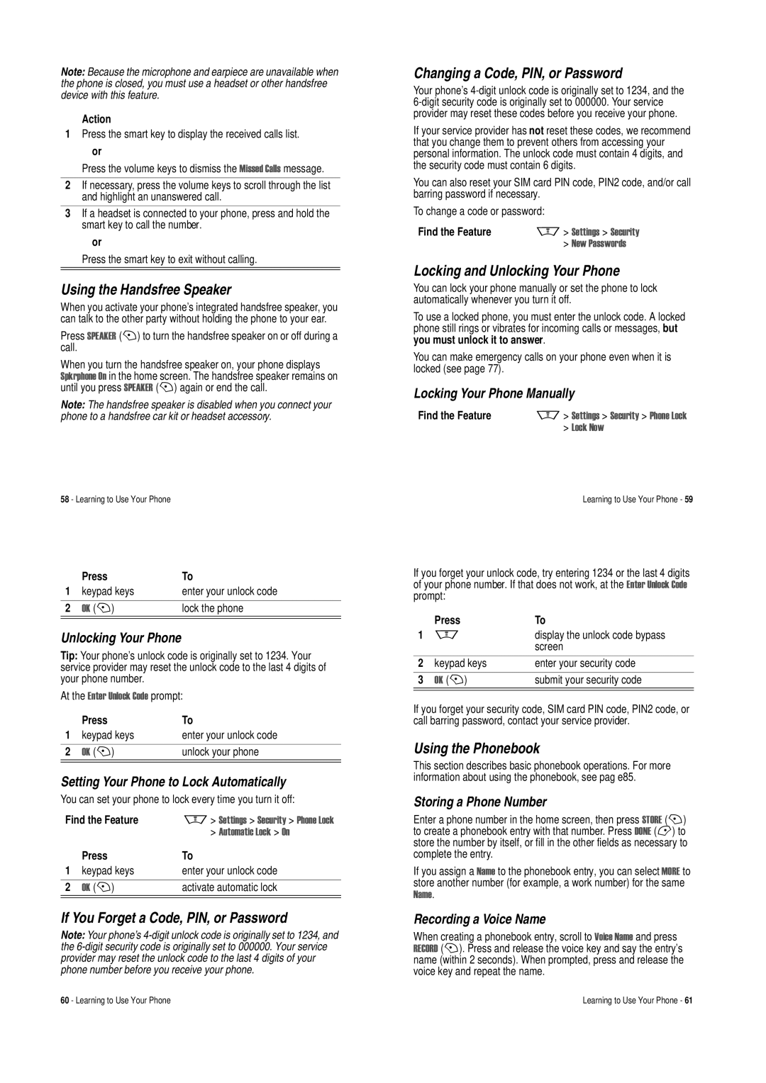 Motorola V620 manual Using the Handsfree Speaker, Locking and Unlocking Your Phone, Using the Phonebook 