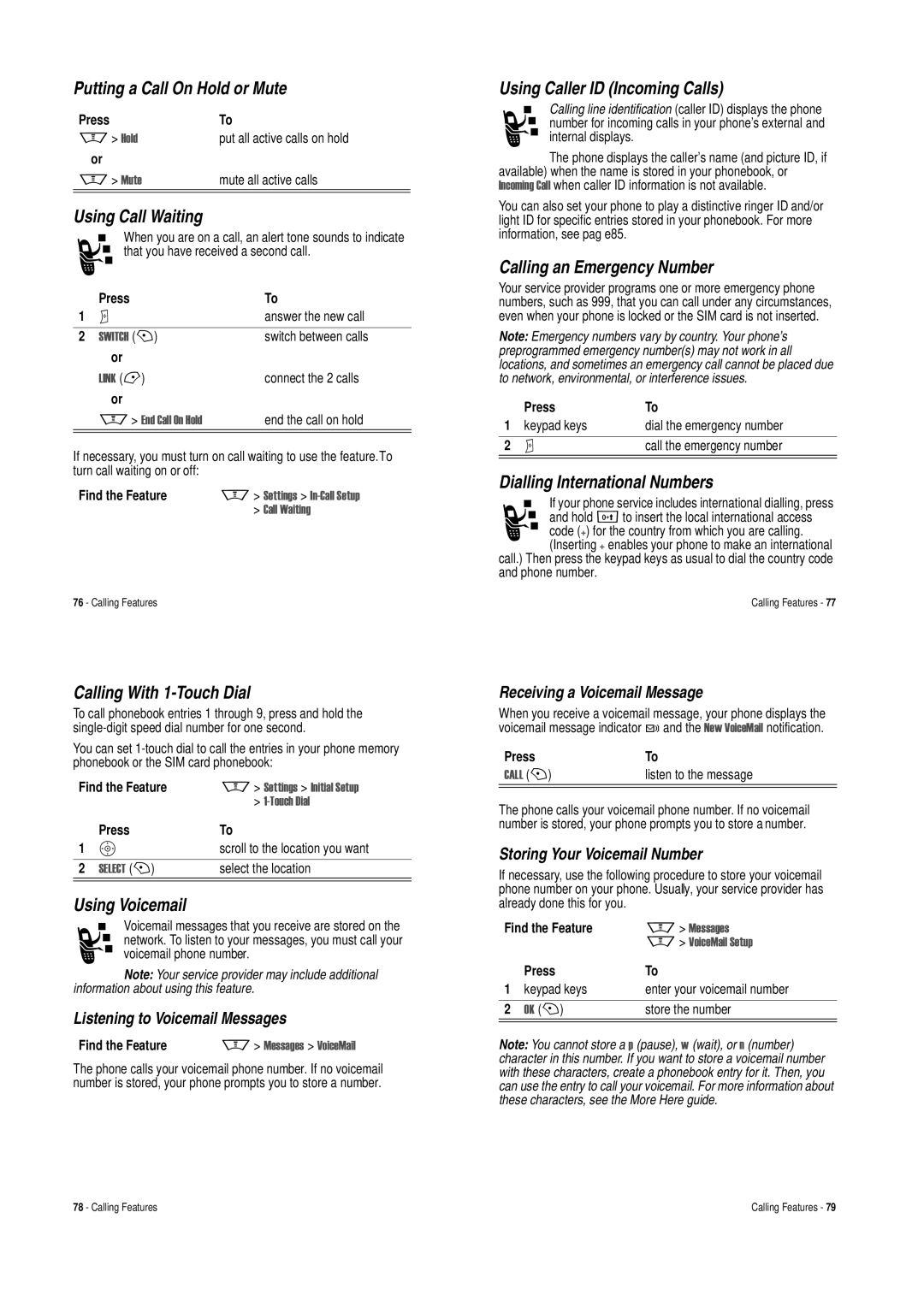 Motorola V620 manual Putting a Call On Hold or Mute, Using Call Waiting, Using Caller ID Incoming Calls, Using Voicemail 