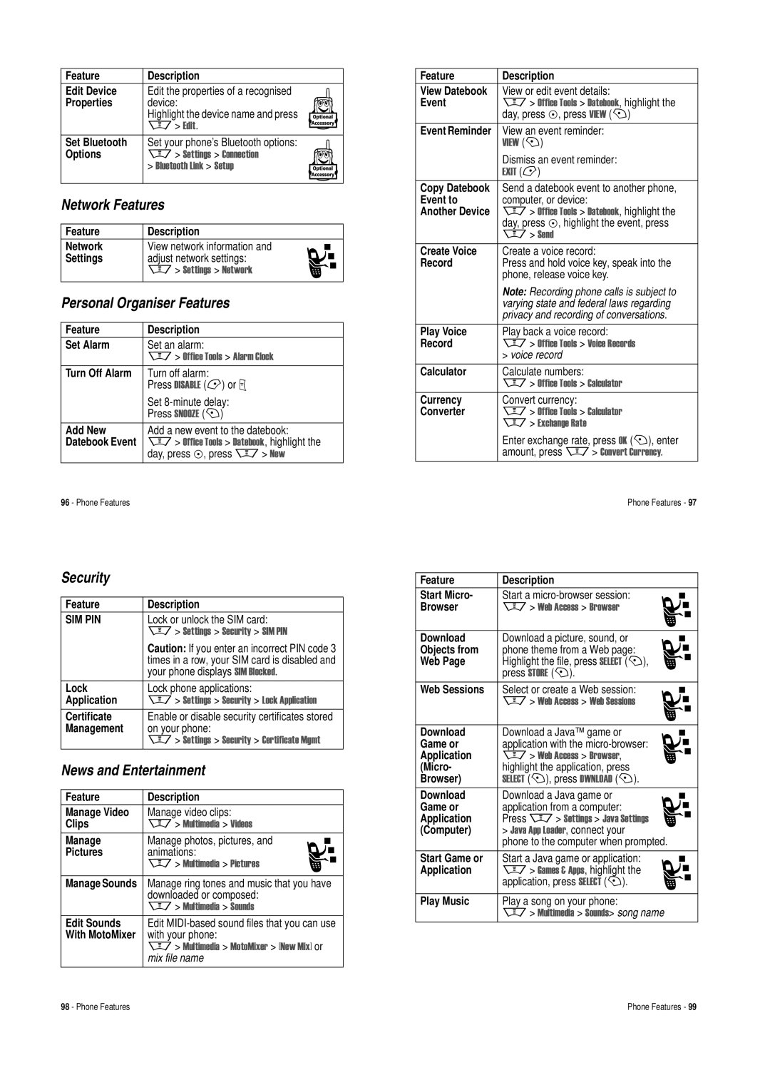 Motorola V620 manual Network Features, Personal Organiser Features, Security, News and Entertainment 