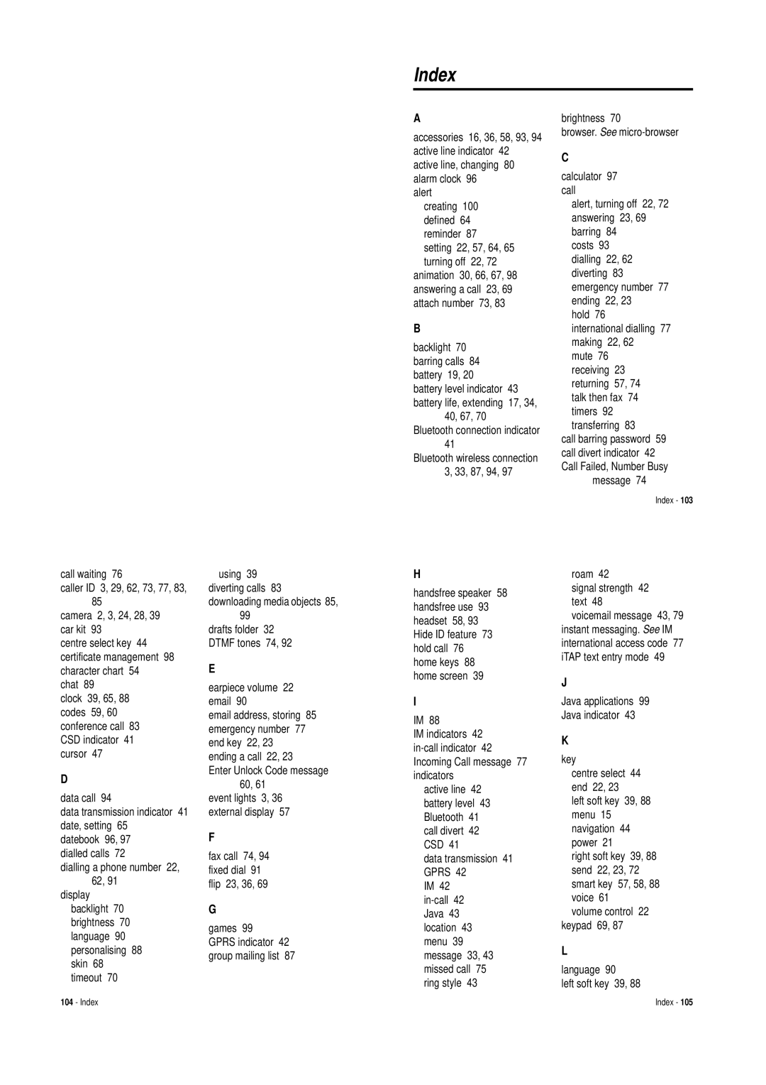 Motorola V620 manual Index 