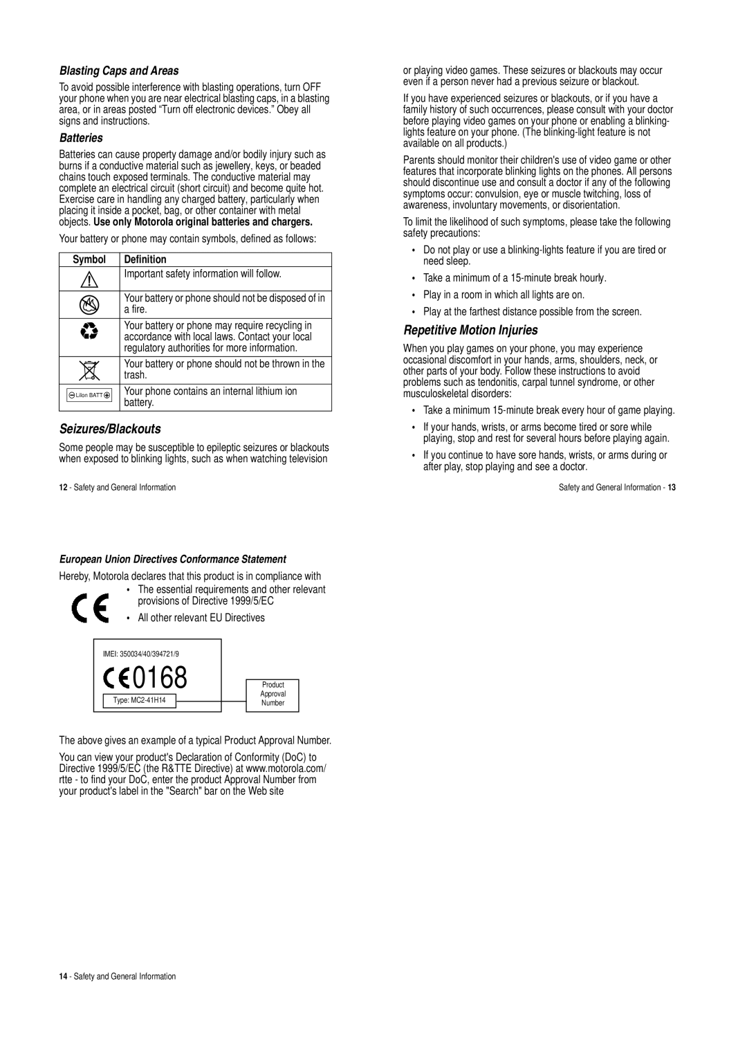 Motorola V620 manual Seizures/Blackouts, Repetitive Motion Injuries, Symbol Definition 