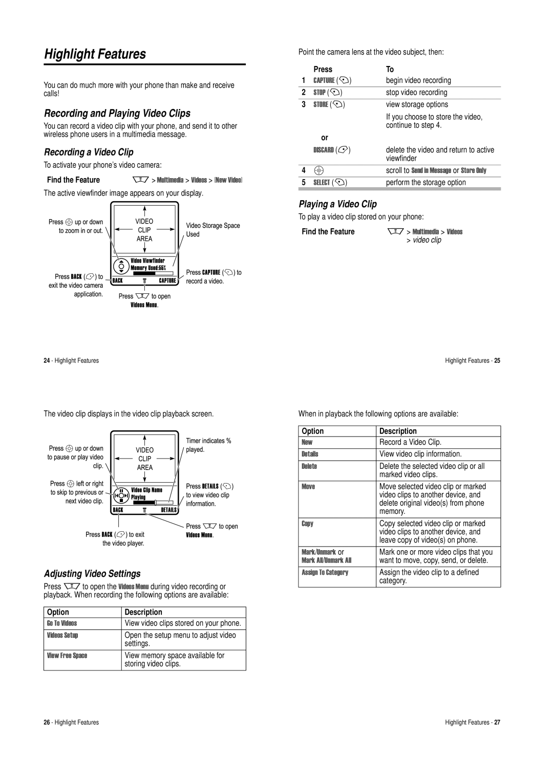 Motorola V620 Highlight Features, Recording and Playing Video Clips, Recording a Video Clip, Adjusting Video Settings 