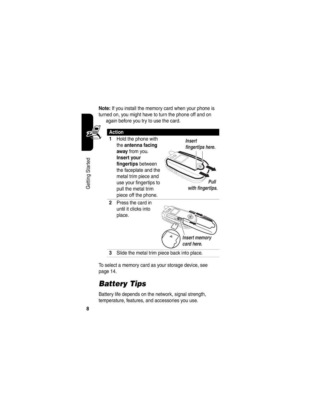 Motorola V635 manual Battery Tips, Antenna facing, Insert your Fingertips between 